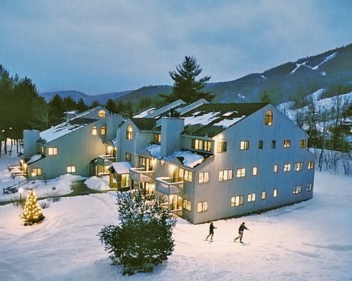 Overhead view of resort in winter.